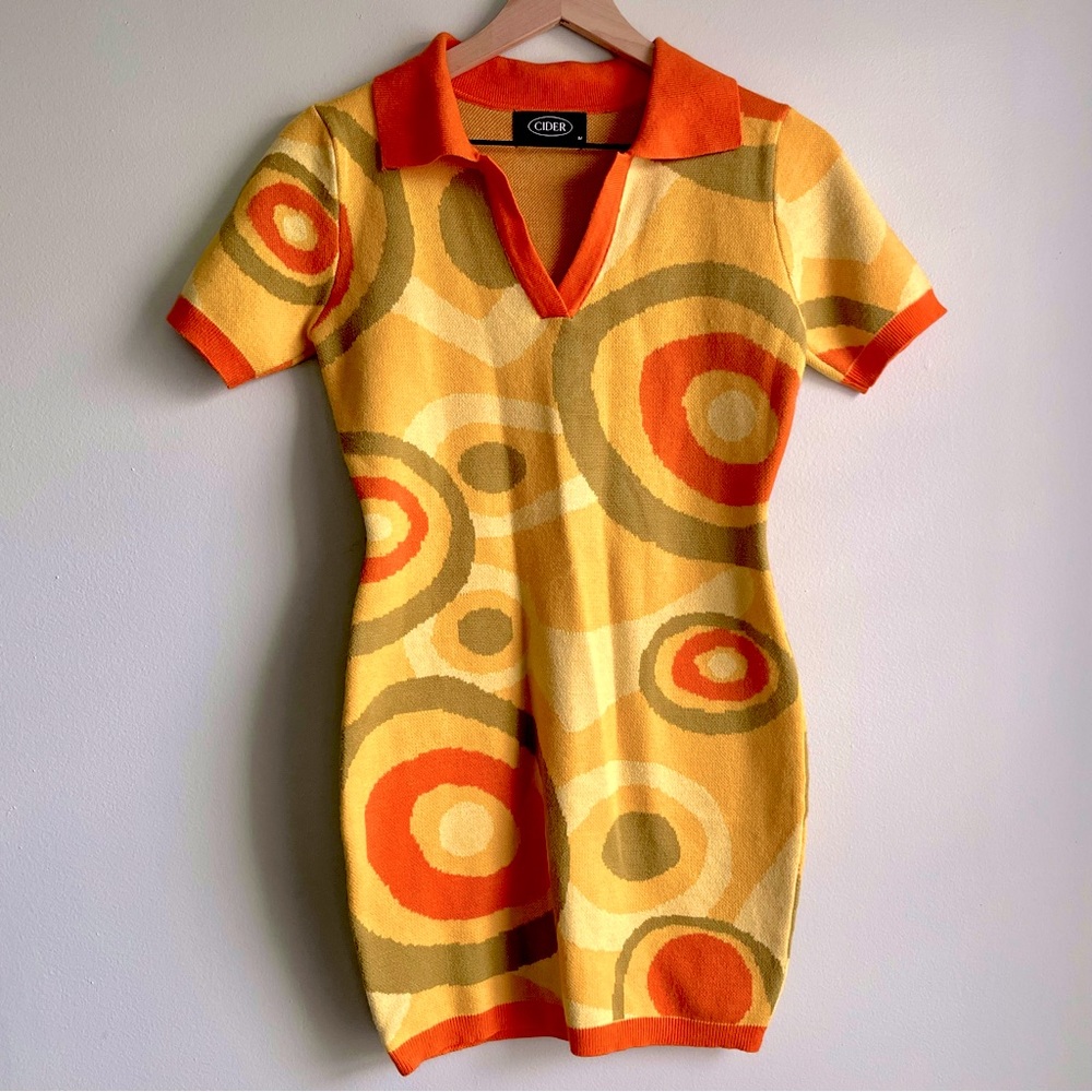 Cider Sunburst Knitted Mini Dress, Retro Bodycon • Collared Orange Yellow